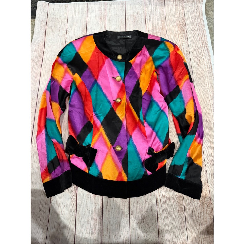 Louis Feraud Vintage Silk Harlequin Diamond Jacket Velvet Trim Gold ButtonsUS 10